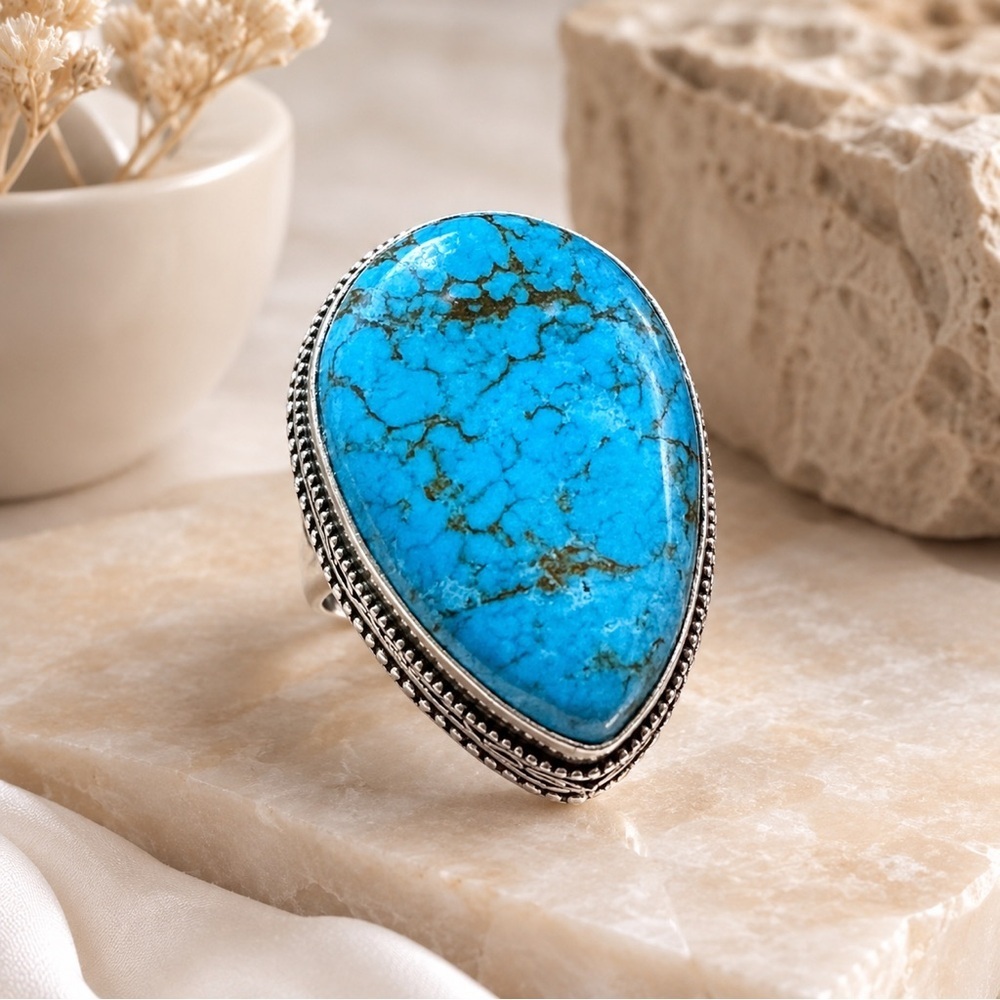 Artisan Teardrop Turquoise Statement Ring - Blue Handcrafted Western Art to Wear